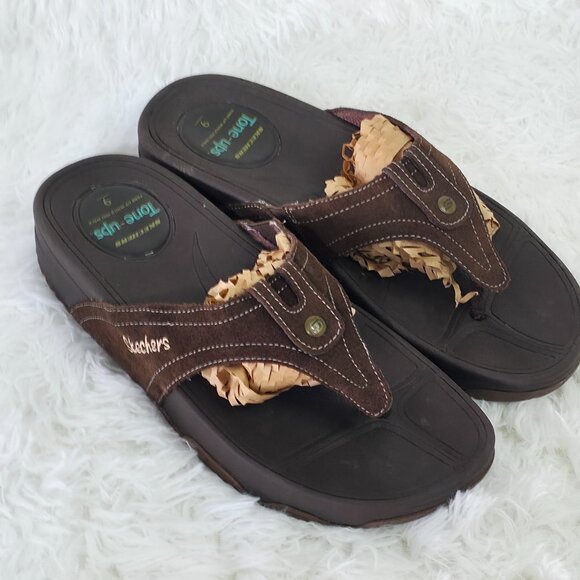 Sketchers Tone-ups Women’s Leather Sandals Brown Flip Flop Size 9 Wedge - Picture 6 of 8